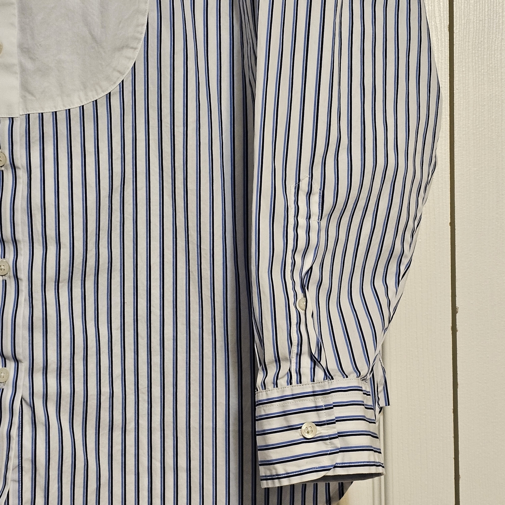 Lauren Ralph Lauren Striped Bib-Front Tuxedo Shirt XL Blue White Band Collar - Picture 3 of 9